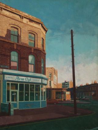 A painting of the front of a cafe and road by Doreen Fletcher