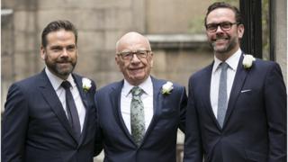 Lachlan, Rupert and James Murdoch outside St Bride's Church in London (March 2016)