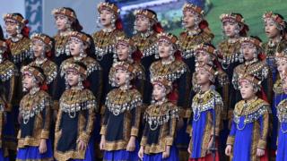 Aboriginal Puzangalan Choir singing the national anthem during new Taiwan President Tsai Ing-wen's inauguration ceremony in Taipei, 20 May 2016