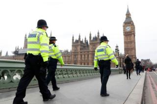 Policías ante el Parlamento británico, Londres.