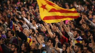 Crowds gather to await the result of the Independence referendum at the Placa de Catalunya on October 1, 2017 in Barcelona