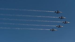 Fighter jets fly over the Republic Day parade in New Delhi on 26 January 2020.