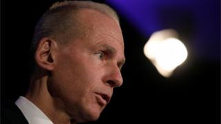 Boeing's Dennis Muilenburg at news conference at agm in Chicago