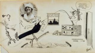 Rube Goldberg, "Nunca se me ocurrió (Retrato de Irma el día de la boda)", 1916. Tinta sobre papel con fotografía. Ilustraciones Copyright © Rube Goldberg Inc. Todos los derechos reservados. RUBE GOLDBERG® es una marca registrada de Rube Goldberg Inc. Todos los materiales se usan con permiso. rubegoldberg.com.