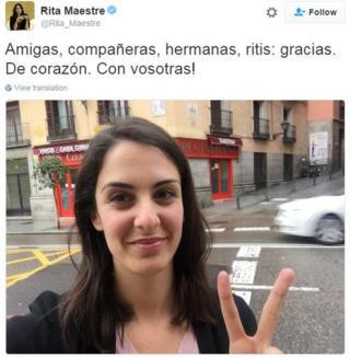 Screengrab of tweet from Rita Maestre says: "Thanks. From my heart. With you!"