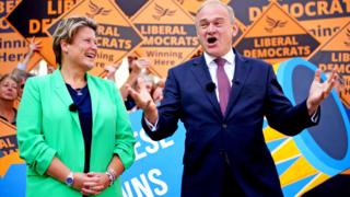 Newly elected Liberal Democrat MP Sarah Dyke with party leader Sir Ed Davey in Frome, Somerset, on 21 July 2023