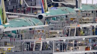 A 737 MAX production line inside the Boeing factory is pictured on December 16, 2019 in Renton, Washington