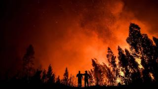 Пожежні на тлі пожежі вночі