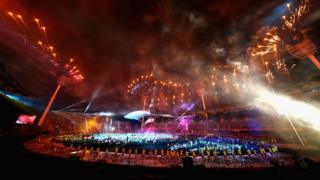 Lights, fireworks and dancing - fireworks light up the Carrara stadium.