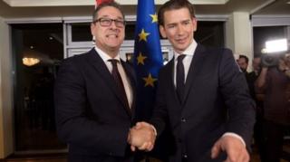 Sebastian Kurz (sağda) ve Avusturya Özgürlük Partisi'nin lideri Heinz-Christian Strache koalisyon için anlaştı.
