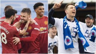 Manchester United and Rangers players celebrate