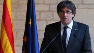 atalan President Carles Puigdemont makes a statement at the Catalan Government building Generalitat de Catalunya on October 26, 2017 in Barcelona, Spain.