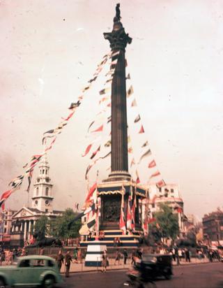 Bunting attached to Nelson's Column in Trafalgar Square, London