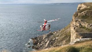 The coastguard helicopter during the rescue at Blacknor