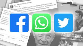 Stacks of screenshots with Facebook, WhatsApp and Twitter logos on top