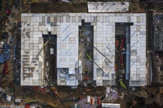 An aerial view of construction at Huoshenshan hospital