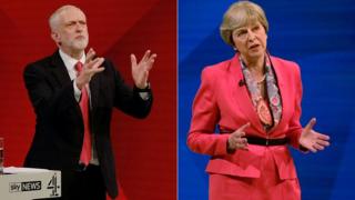 労働党のジェレミー・コービン党首(左)とテリーザ・メイ首相