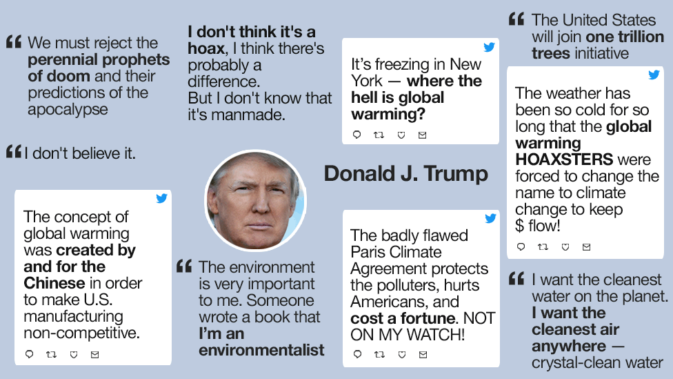 Graphic showing a collection of quotes Donald Trump has made on climate change