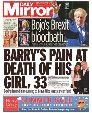 front page of the Daily Mirror Thursday 25 July 2019