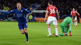 Jamie Vardy scores against Manchester United