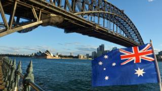 Флаг Австралии развевается под мостом в гавани Сиднея