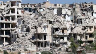 Ruined buildings in neighbourhood of Bani Zeid, on Aleppo's northern outskirts on July 29, 2016