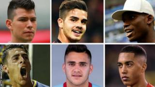 De izquierda a derecha y de arriba hacia abajo Hirving Lozano, Andre Silva, Breel Embolo, Youri Tielñemans, Maxi Gómez y Cristian Pavón