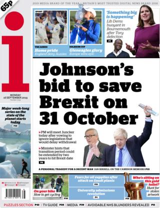Front page of the i on 16 September 2019