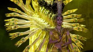 Chinese dancers perform during the 54th session of the International Carthage Festival at the Roman theatre of Carthage on August 11, 2018 in Tunis.