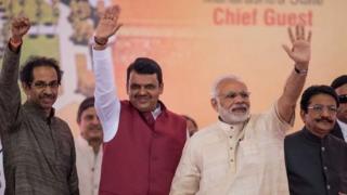 उद्धव ठाकरे, देवेंद्र फ़ड़नवीस और नरेंद्र मोदी