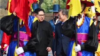 Kim Jong-un and Moon Jae-in walk in the DMZ