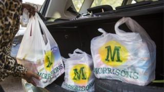 customers with Morrison shopping bags