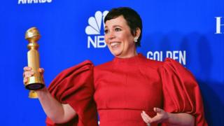British actress Olivia Colman poses in the press room with the award for Best Performance by an Actress In A Television Series - Drama for 
