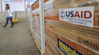 View of humanitarian aid for Venezuela inside a warehouse at the Tienditas International Bridge in Cucuta, Colombia, on the border with Venezuela, on February 19, 2019.