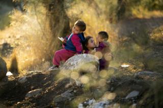 Young children play in the olive grove in the unofficial camp outside the Moria Refugee Camp