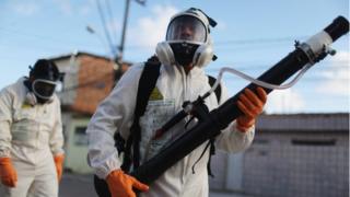 Работники здравоохранения окуривают, пытаясь уничтожить комара, который передает вирус Зика 28 января 2016 года в Ресифи, штат Пернамбуку, Бразилия.
