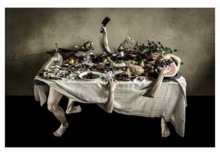 A composite image showing hands and arms extended from a table covered in food