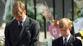 Princes William and Harry at Diana's funeral