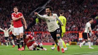 Mohamed Salah celebrates scoring at Old Trafford