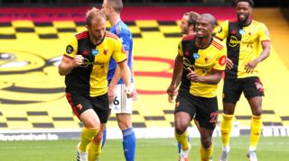 Craig Dawson celebrates equalising for Watford