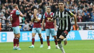 Miguel Almiron celebrates scoring for Newcastle against Burnley in September 2023