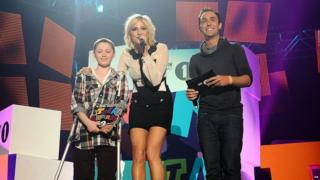Pixie Lott and Aled Jones with Alec Martin