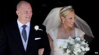 Mike Tindall and Zara Phillips smiling on their wedding day