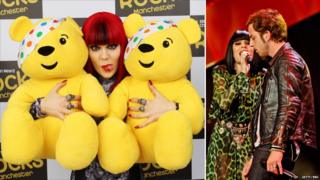 Jessie J and James Morrison at Children In Need Rocks, and Jessie J holding two Pudsey Bears