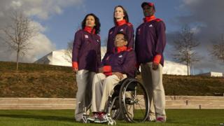 Games Maker volunteers model their uniforms for the 2012 London Games.
