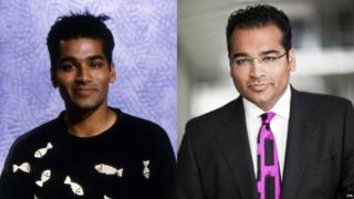 Krishnan Guru-Murthy on the Newsround set in 1991 (left) and in his current job at Channel 4 News (right)