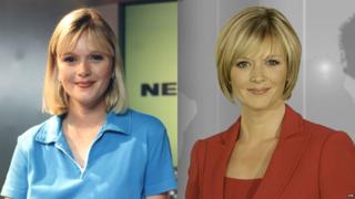 Julie Etchingham on the Newsround set in 1997 (left) and in her current job at ITV News (right)