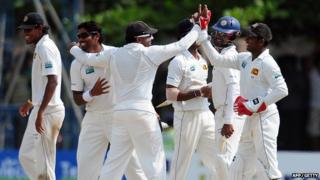 Sri Lanka celebrate first test win against England.