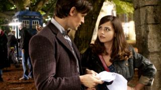 Jenna-Louise Coleman on set with Matt Smith, recording Doctor Who.