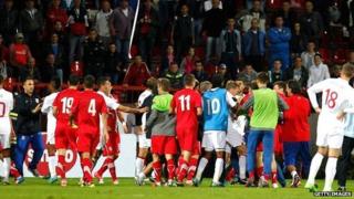The Euro 2013 play-off ended in a mass brawl in Krusevac